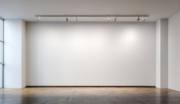An empty, minimalist art gallery space. White walls illuminated by track lighting, a large window, and wooden floors. Focus on emptiness