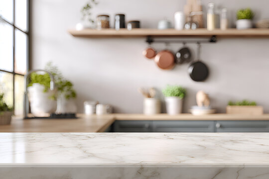 A blurry kitchen scene with a marble countertop in focus, leading to a blurred backdrop of shelves and cookware