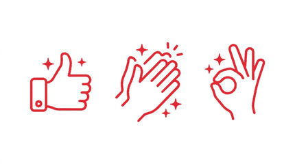 Fototapeta premium Minimalistic red thumbs up clapping hands and ok sign icons with sparkling stars on a clean white background