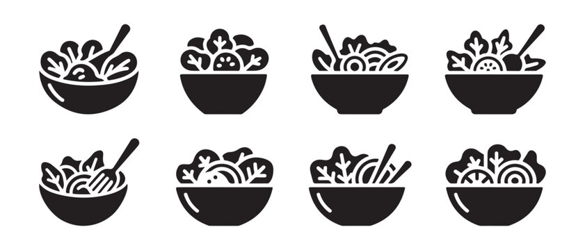 Set of Black Salad Bowl Icons. Fresh Greens, Healthy Food, and Dining Utensils.