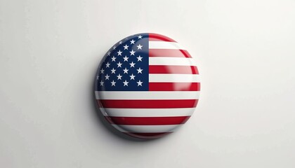 Round badge displays USA flag stars and stripes pattern. This patriotic symbol represents national pride and country identity. Red white blue colors convey freedom and liberty.