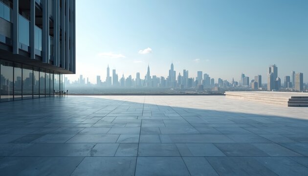 Modern city skyline viewed from empty paved plaza with contemporary building facade. Clear blue sky with faint clouds above urban landscape. Outdoor space at daylight.
