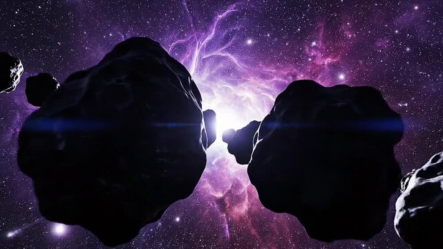 Asteroid Belt in Deep Space Nebula With Distant Stars and Bright Light Source