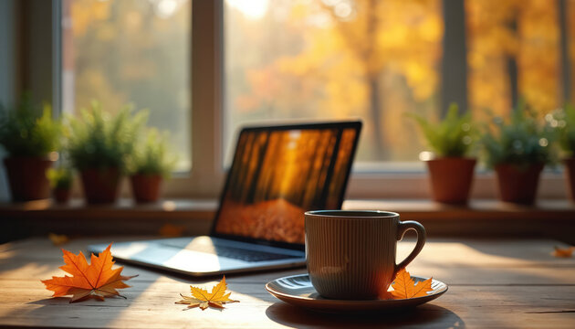 Laptop open on wooden desk with steaming coffee mug. Autumn leaves and potted plants near window. Cozy home office setting during fall season.