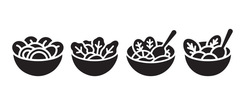 Black silhouette bowls of salad on a white background, including leaf greens and round ingredients, with spoons in two bowls.