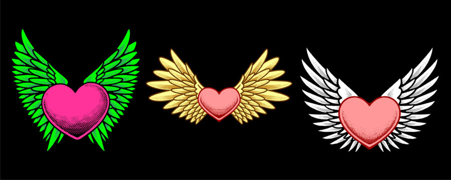 Set of Three Heart Icons with Various Angel Wing Colors Including Green and Gold Accents.
