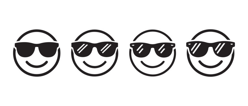 Cool Smiley Face Icons with Sunglasses, Modern Vector Illustration on White Background.