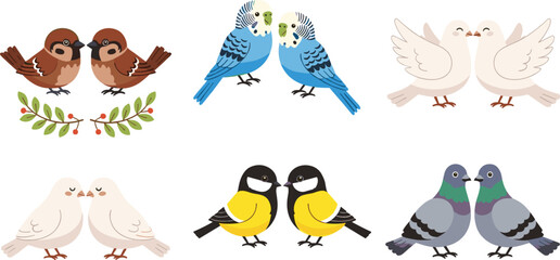 Cute Bird Couples Set with Sparrow Parrot Dove Pigeon and Tit, Cartoon Romantic Wildlife Collection for Love Themes and Nature Illustration Design © MstBobita