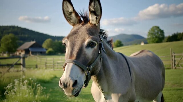 A gray donkey wearing a halter stands in a green field with a rural landscape and mountains in the background under a blue sky with white clouds