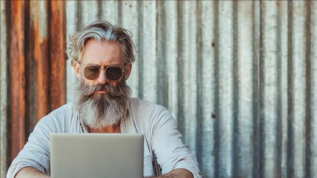 A bearded man with long hair and a sophisticated look, sitting outside and using his laptop. The video conveys a sense of modern digital work in a relaxed setting.