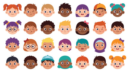 Fototapeta premium Diverse children avatars in flat cartoon style | Collection of multiethnic boy and girl character heads for school and education profile icons