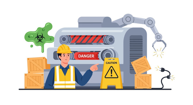 Workplace Safety and Hazard Management. Worker Highlights Industrial Risks, Biohazards, Electrical Dangers, and Caution Signs.
