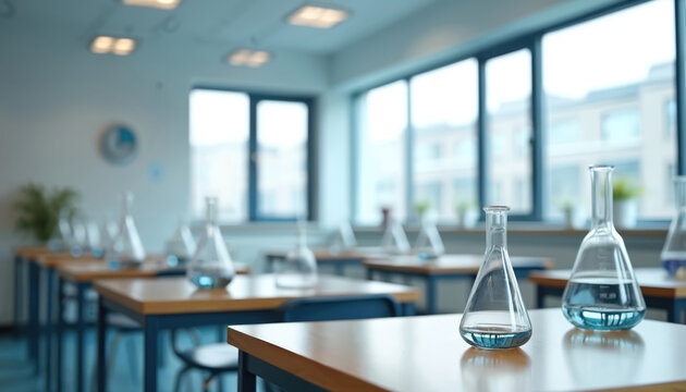 Laboratory classroom with tables holding glass beakers filled with blue liquid. Scene shows empty science room ready for experiments, with large windows in background. Setting perfect for education,