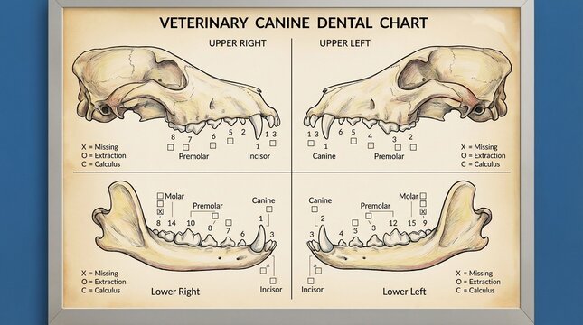 Veterinary canine dental chart showing dog jaw anatomy