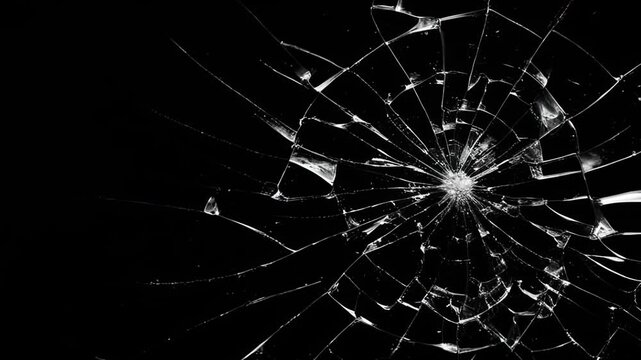 Dynamic explosion of a glass shattering on black background. Breaking glass motion graphics. Cracked glass animation, transparent 4K video, Broken glass black live texture.  transparent 4K video, 