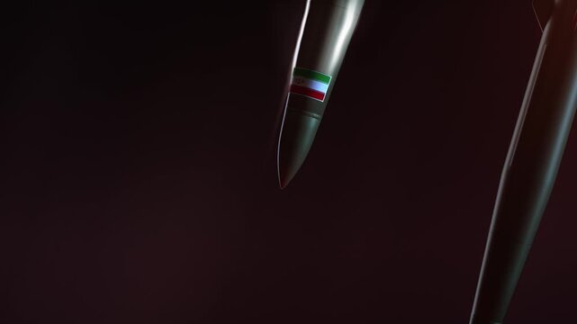 Dynamic shot: an Iranian ballistic missile rapidly flies towards its target against a desert landscape.