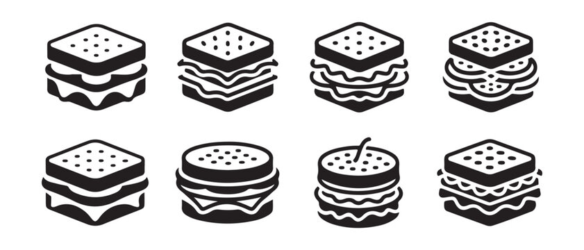 Modern layered sandwich and burger icons in a clean black and white flat design style, graphic vector illustration.