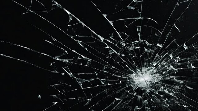 Shattered glass impact pattern animated overlay, Realistic Glass impact crack with detailed fractures on a black background.  detailed fractures on a black background. Dynamic cracked screen.