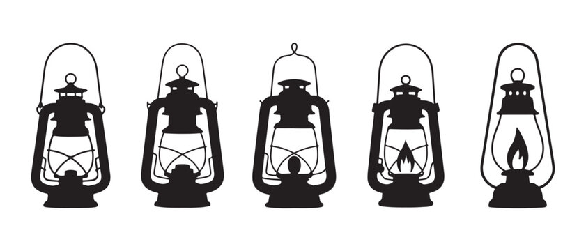 Collection of Vintage Oil Lanterns Depicted as Clean Black Silhouettes, Vector Illustration.