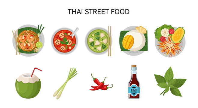 Thai street food and drink ingredients.