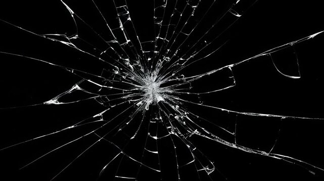 Cracked glass animation, transparent 4K video, Breaking glass motion graphics. Realistic graphic animated footage, Cracked and Shattered black glass realistic footage. 