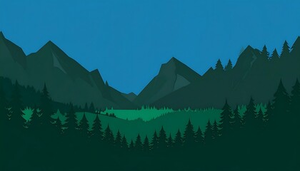 Fototapeta premium A serene valley with lush green trees is nestled between majestic, geometrically styled mountains. AI Generative