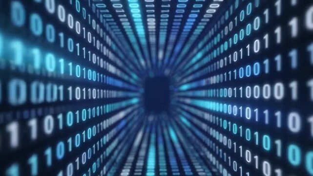 a digital tunnel made of binary code with blue and white lights abstract background binary code blue