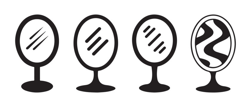 Set of four stylized desktop mirrors with different reflections in minimalist flat design, vector illustration.