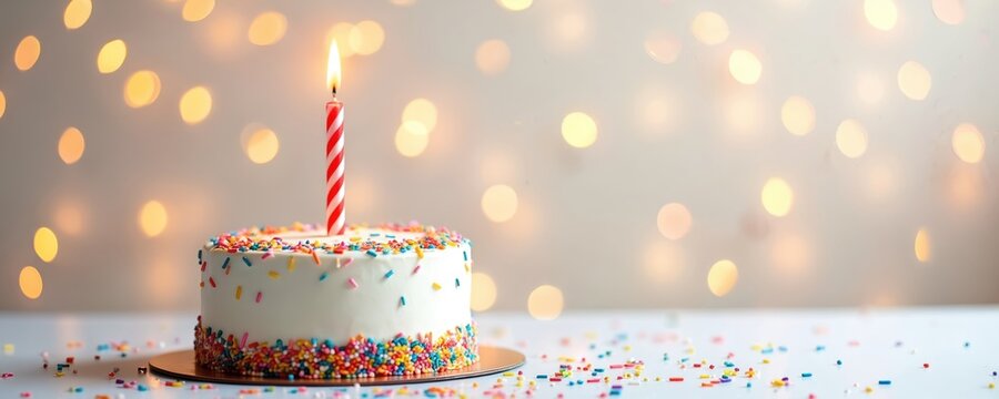 Single lit candle atop white birthday cake decorated with colorful sprinkles. Confetti scatters around on table. Festive background lights suggest celebration.