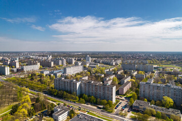 Wilanow, Warsaw, drone, bird view, aerial, city, urban, street, building, roof, sky, clouds, summer time  © olo