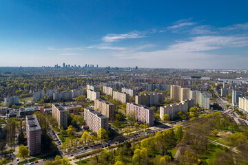 Wilanow, Warsaw, drone, bird view, aerial, city, urban, street, building, roof, sky, clouds, summer time  © olo