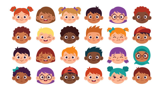 Diverse children avatars in cute cartoon style | Large collection of multiethnic boy and girl character faces for school and education profile icons