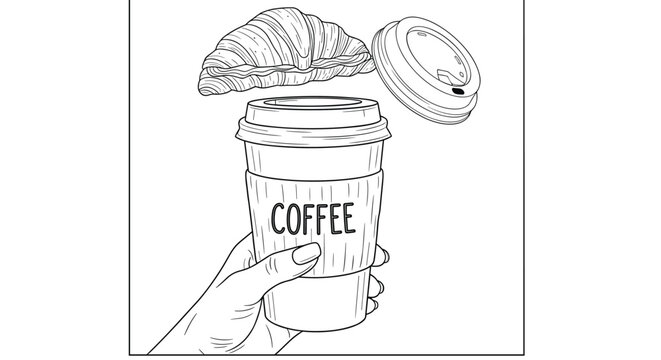 Barista POV coffee pouring microfoam vector line art with croissant and tamper on white background