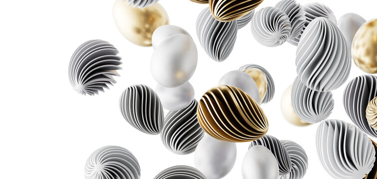 Unique 3D rendered Easter eggs with gold, gray, and white colors floating on a white background.  Perfect for modern hol