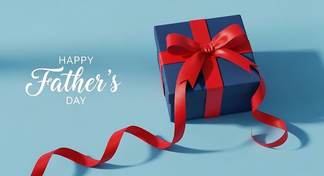 A blue gift box with a red ribbon on a blue background with happy fathers day text