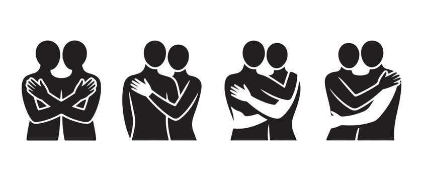 Minimalist flat design silhouettes of two people embracing, symbolizing human connection, support, and friendship vector illustration.