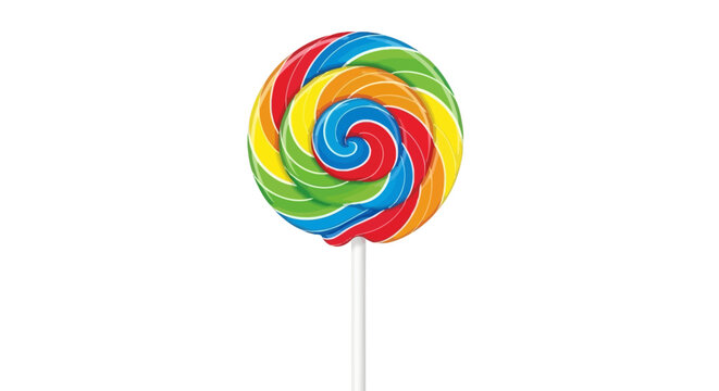 Vibrant rainbow swirl lollipop on a clean white background.