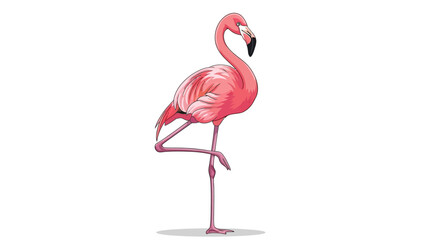 A vibrant pink flamingo stands gracefully on one leg against a white background. © LOGO KIKUK
