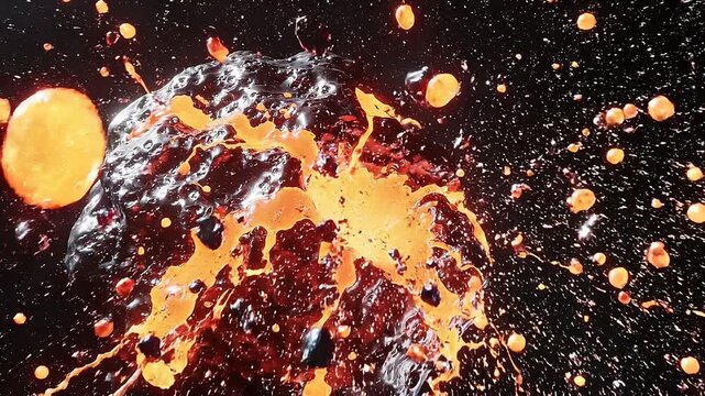 Explosive Molten Lava Impact With Orange Splatter Against Dark Background And Glowing Particles