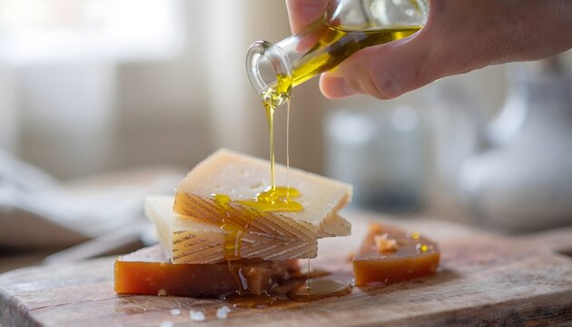 Drizzling Olive Oil over Manchego and Membrillo Stack