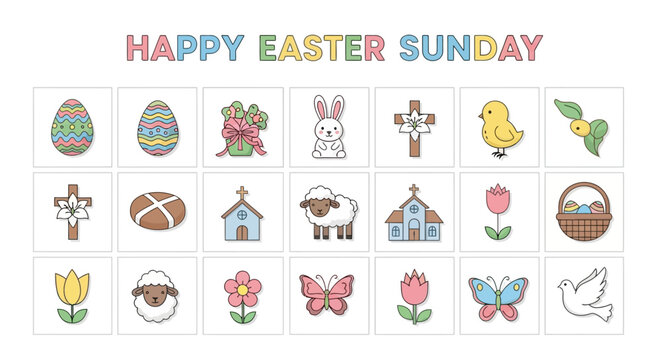 Happy Easter Sunday Collection of Festive Icons Including Eggs, Bunnies, and Spring Flowers
