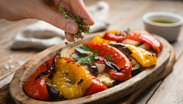 Sprinkling Chopped Herbs on Escalivada Grilled Vegetables Close Up
