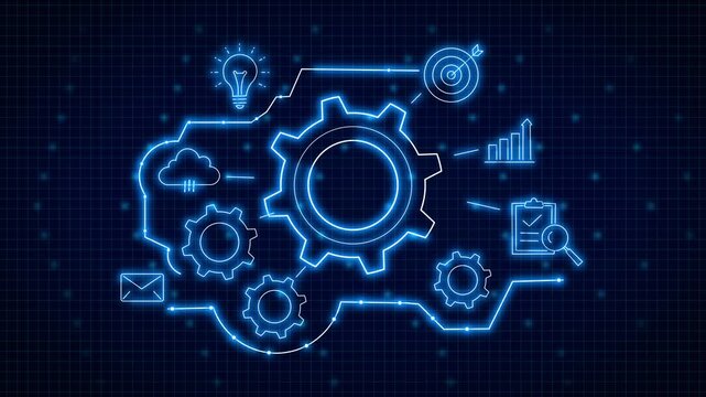 Digital System Automation concept. Futuristic glowing blue gear surrounded by connected technology icons such as cloud computing, analytics, target, email on a dark grid background.  smart technology 