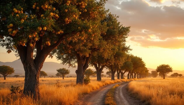 Marula trees with yellow fruit line a dirt road in dry savanna. Warm sunset light bathes grassy field, distant hills. Peaceful African landscape at dusk, nature beauty.