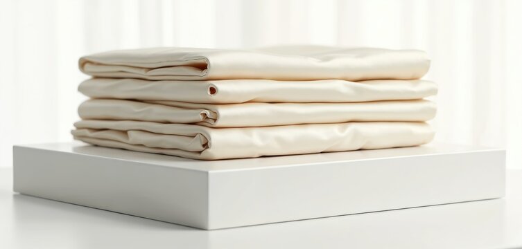 Stack of folded cream silk sheets on a white pedestal. Smooth fabric reflects light, suggesting comfort and luxury. Perfect for bedding advertisements or interior design.