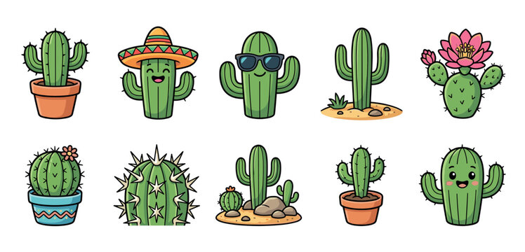 Collection of ten adorable cartoon cactus mascots with happy faces, wearing a sombrero and sunglasses, including flowering prickly pear and saguaro succulents in pots and sand