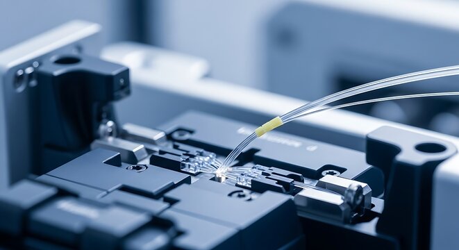 A close-up view of fiber optic cables being precisely spliced together in a high-tech machine.
