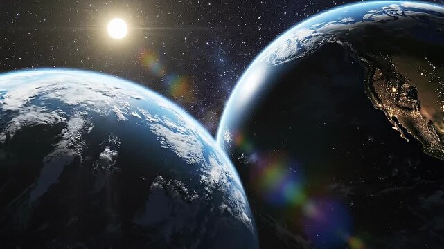 Two Earths Orbiting In Deep Space With Sun And Stars Background
