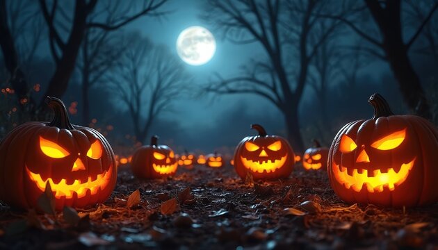 Scary jack-o-lanterns glow in spooky pumpkin patch at night. Full moon hangs in dark forest above carved pumpkins with lit faces. Autumn Halloween atmosphere.