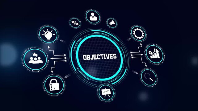 Business objectives hud animation for strategic mission planning, target achievement tracking, and professional growth visuals